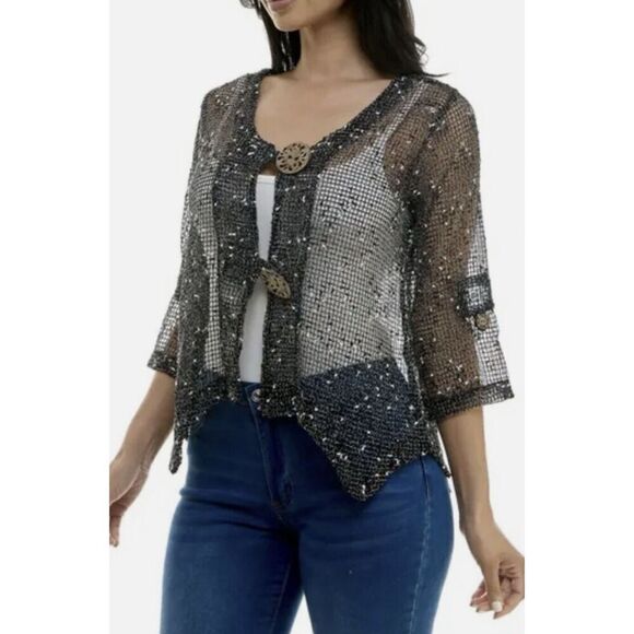 Nina Leonard Coconut Button Novelty Knit Bolero Black - Picture 3 of 5